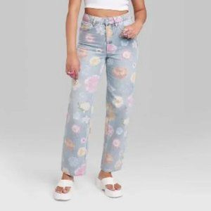 Wild Fable High-Rise Relaxed Straight Fit Jeans Medium Wash Floral Size 12